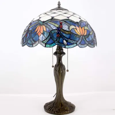 Tiffany-Tischlampe, Buntglas-Nachttischlampe, Wohnzimmer, Schlafzimmer, hoher blauer Lotus, luxuriöses Bauernhaus, große Schreibtischleuchte, industrielle Retro-Memory-Lampe mit Metallsockel